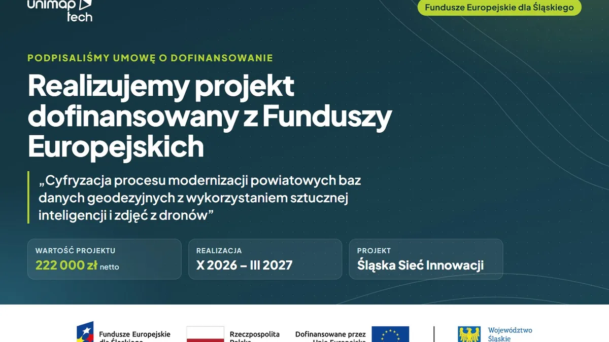 Grafika: Unimaptech realizuje projekt dofinansowany z Funduszy Europejskich, tytuł projektu, wartość 222 000 zł netto, realizacja X 2026 – III 2027, znaki Funduszy Europejskich dla Śląskiego