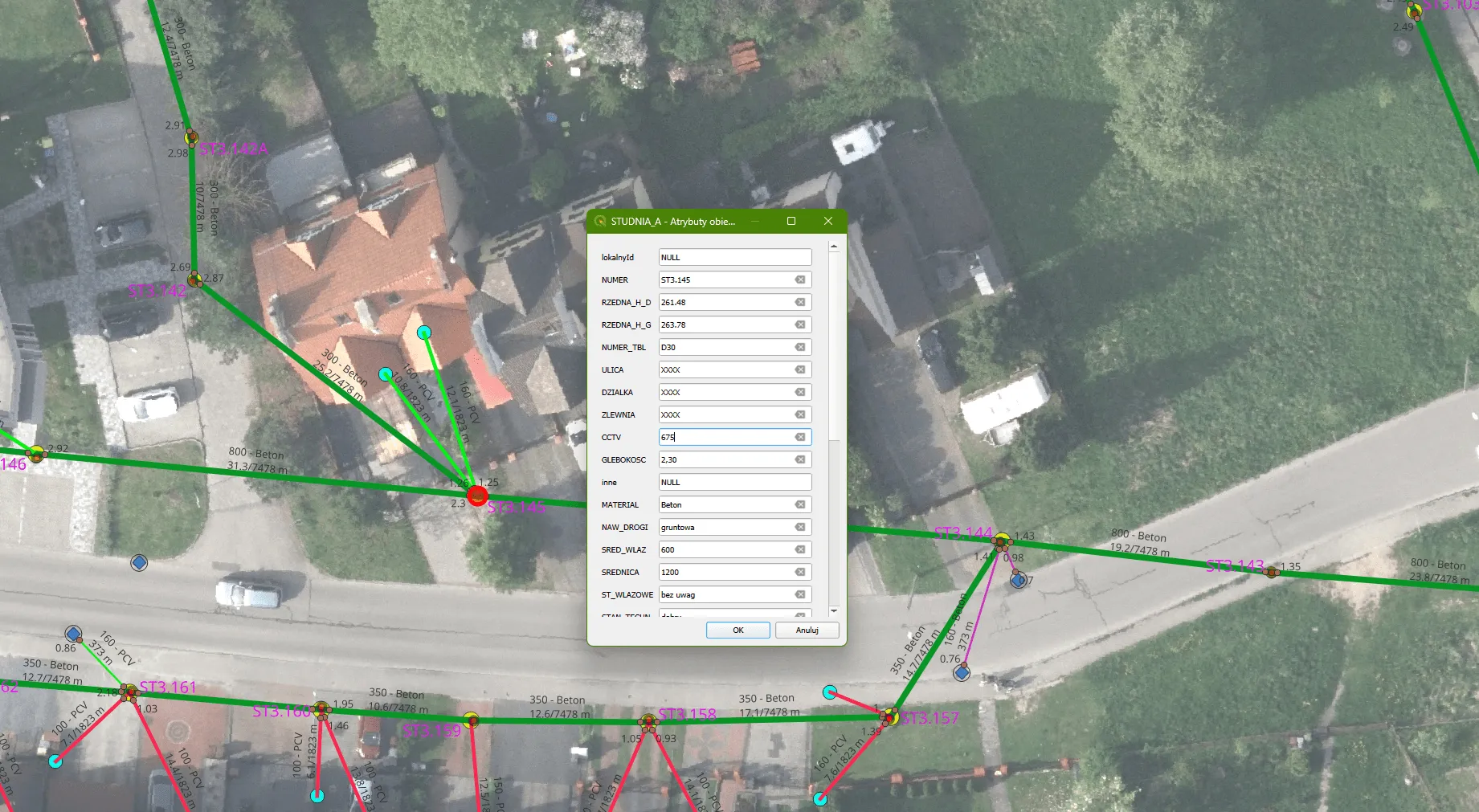 Rys.7 Zebrane dane w programie QGIS – wszystkie informacje o studni i kanałach w jednym miejscu.